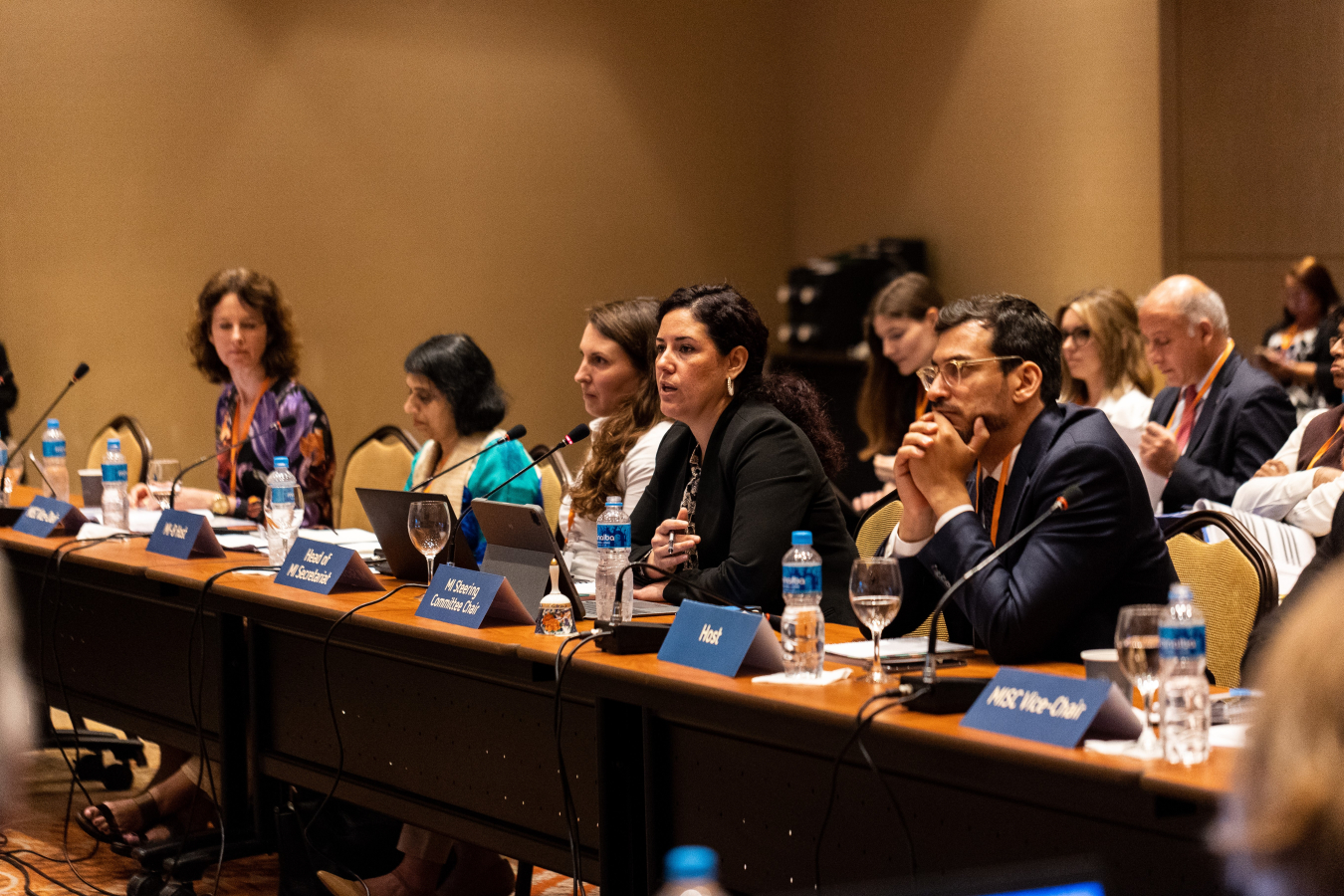 A group of international representatives sit at a roundtable in an event meeting room.