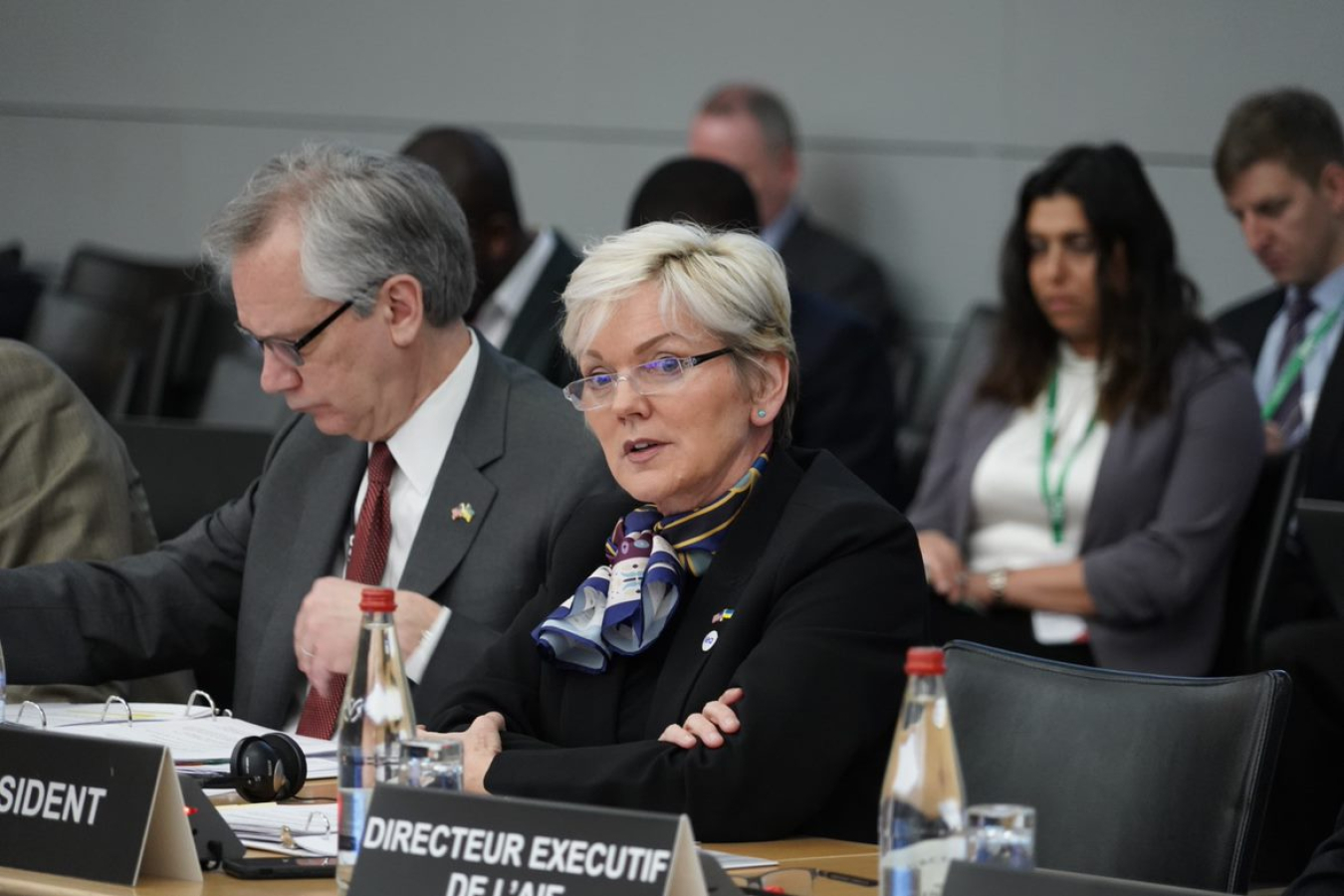 U.S. Secretary of Energy Jennifer Granholm (right) delivers Chair’s Remarks during the International Energy Agency Ministerial in Paris in March 2022.
