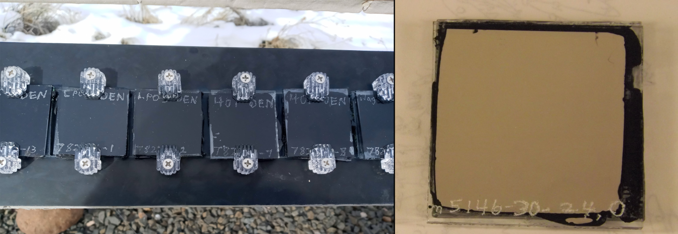 Two photos - left is a row of test PV cells in an outdoor setup, right is a cell that was left outdoors for 10 years and shows very little aging