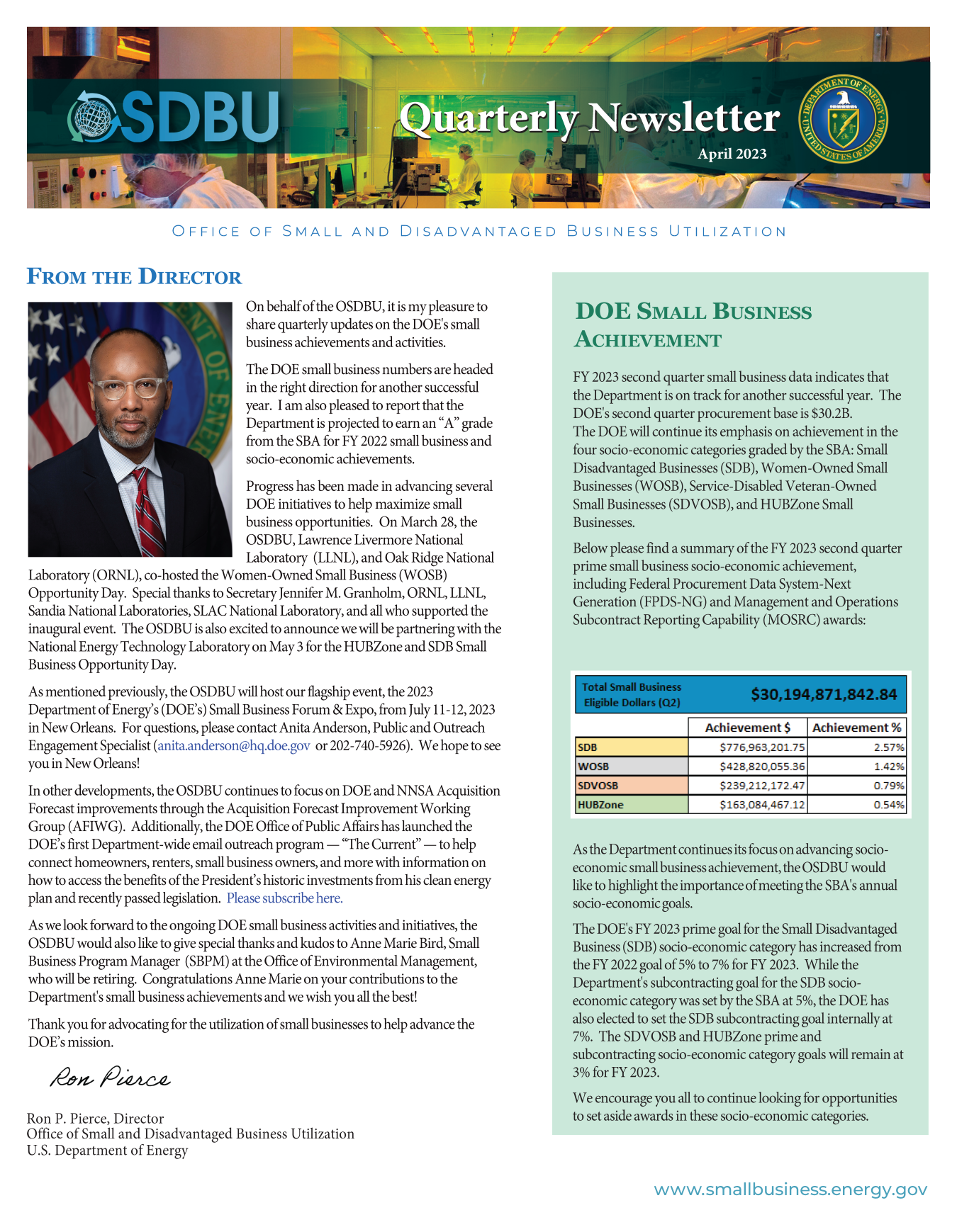 Front cover of OSDBU Quarterly Newsletter Q2 FY 2023