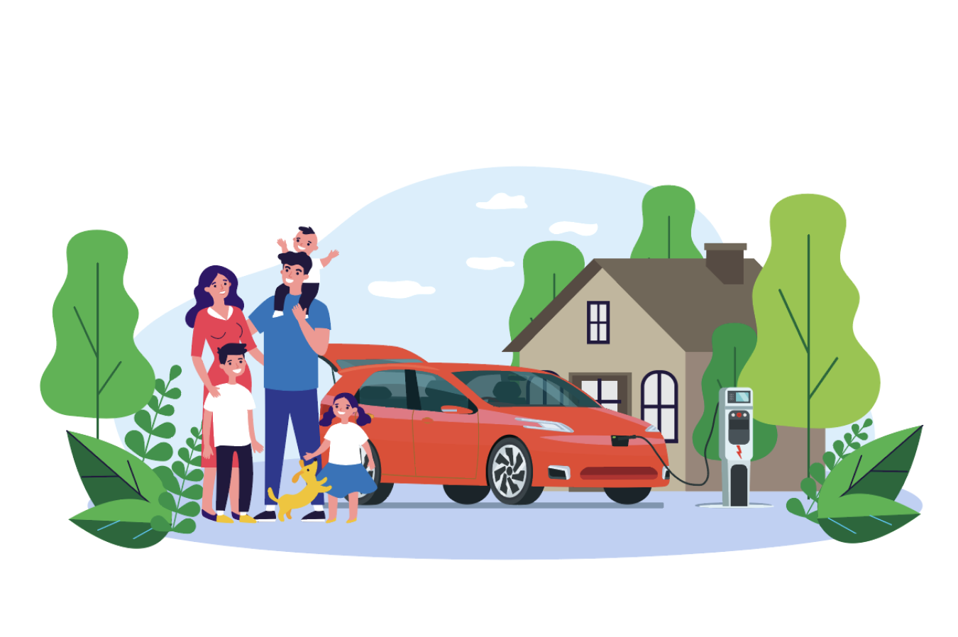 Illustration of a family in front of a red electric vehicle