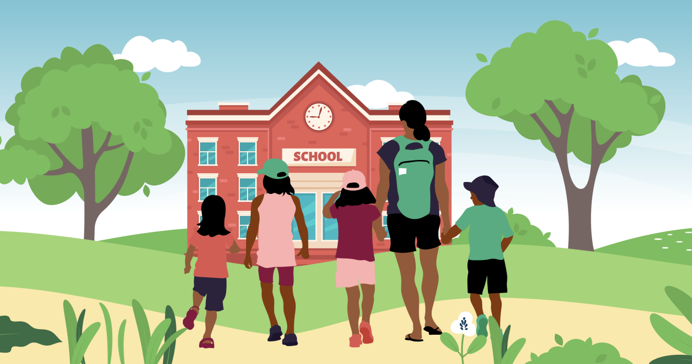 Illustration of a family in front of a school