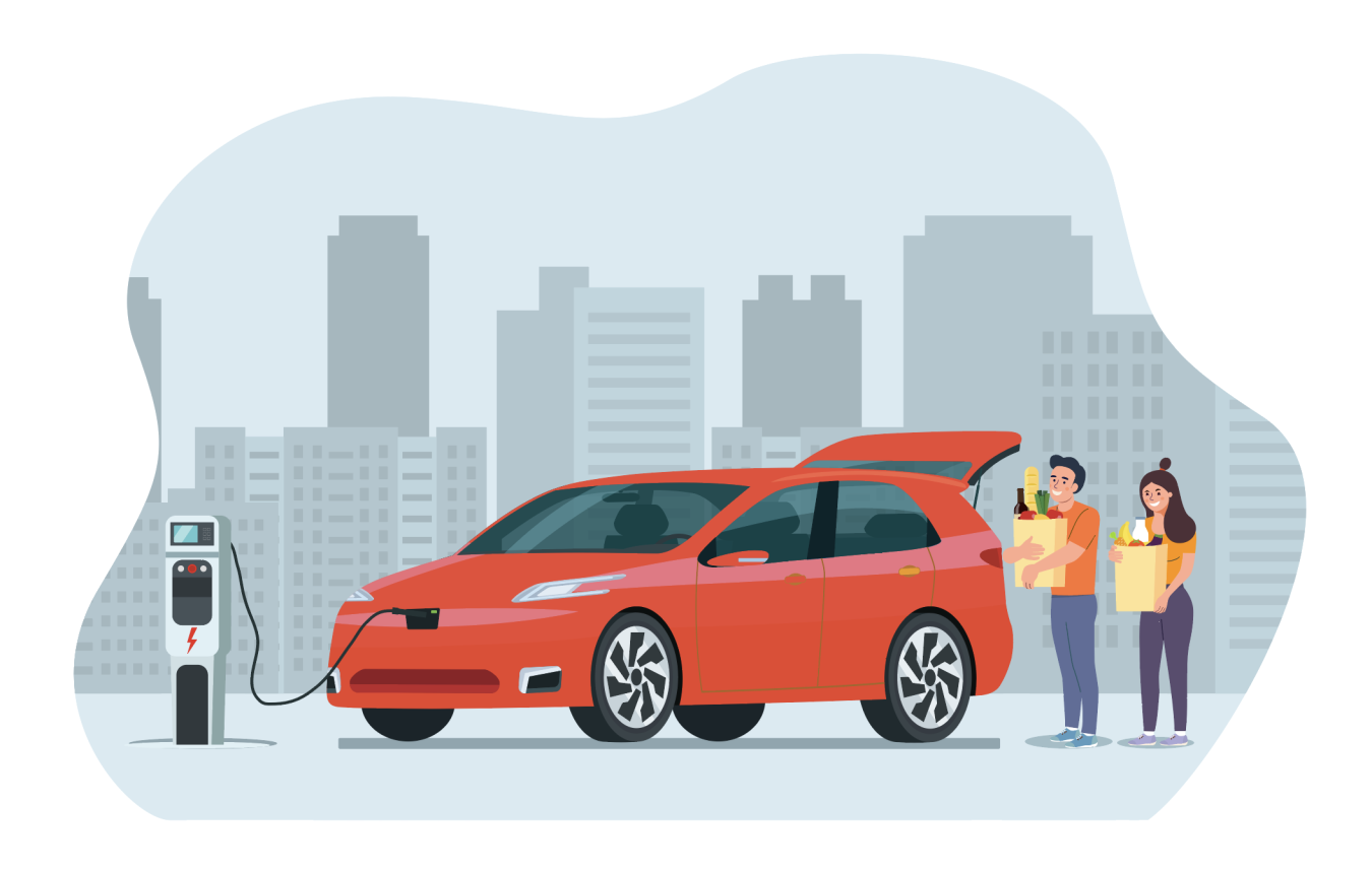 Illustration of an electric car with a man and woman holding groceries