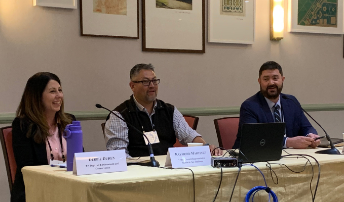 From left, Debbie Duren with the Tennessee Department of Environmental Conservation, Raymond Martinez, Tribal Council representative with the Pueblo de San Ildefonso, and Jeff Avery, EM principal deputy assistant secretary, discuss examples of how close collaboration between DOE, tribal nations and federal regulators leads to exceptional results during the State & Tribal Government Working Group spring conference.