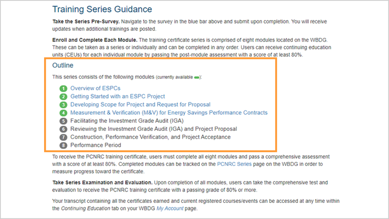 PCNRC Training Certificate Series Summary webpage section titled, "Outline" with a large rectangle around it.