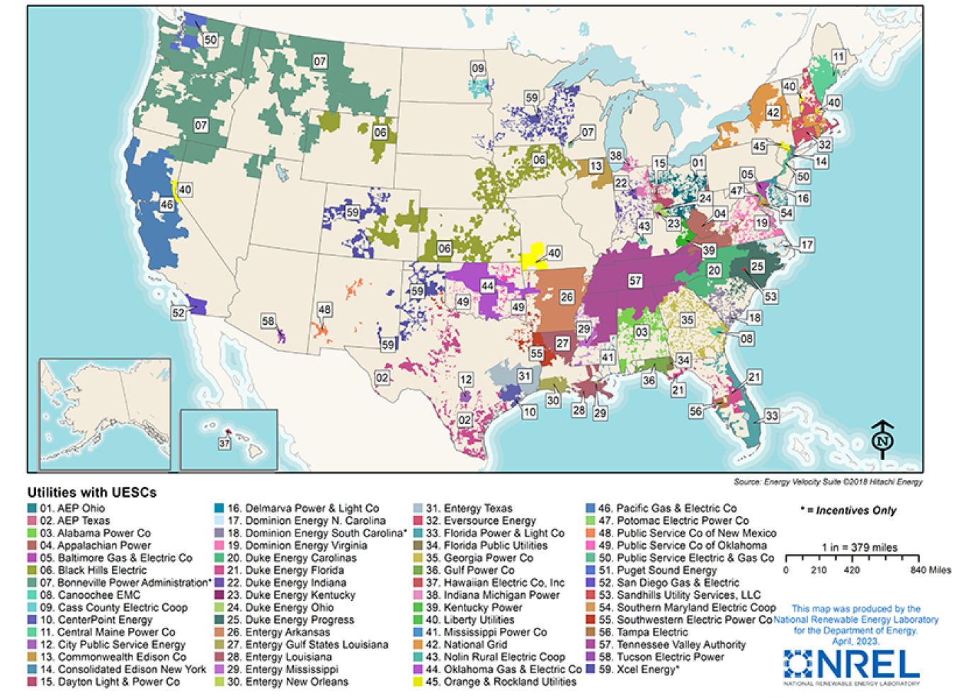 A map of the United States shows the locations of electric utilities offering utility energy service contracts to federal facilities. The map shows 66 different colors in states throughout the United states, including Hawaii.