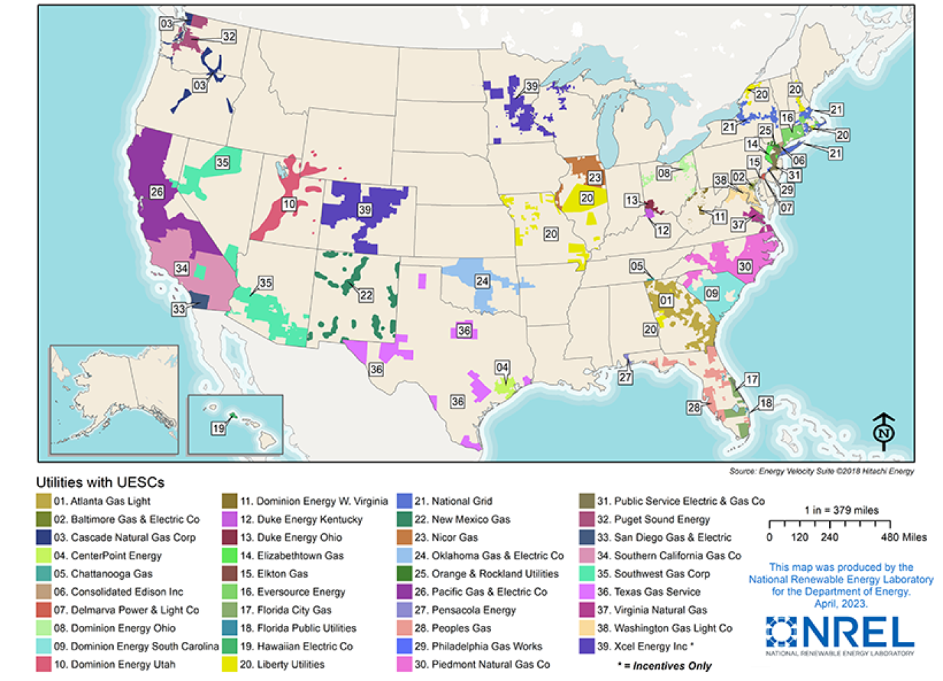 Map of the U.S. showing natural gas utilities offering UESCs to federal facilities.