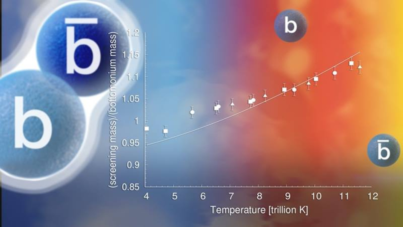 A heavy bottom (b) quark and anti-bottom quark bound together form a meson called bottomonium at low temperature. Bottomoniums may melt at higher temperatures.