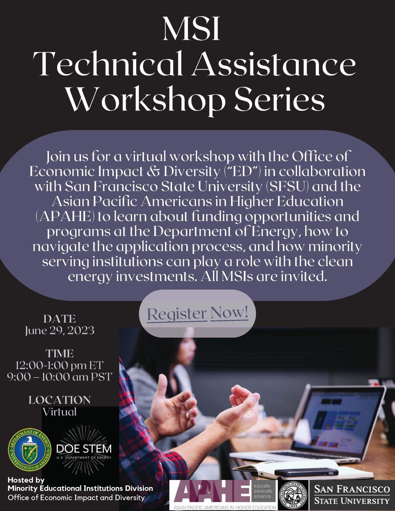Event flyer with the same text as in event description, DOE Seal and DOE STEM logo