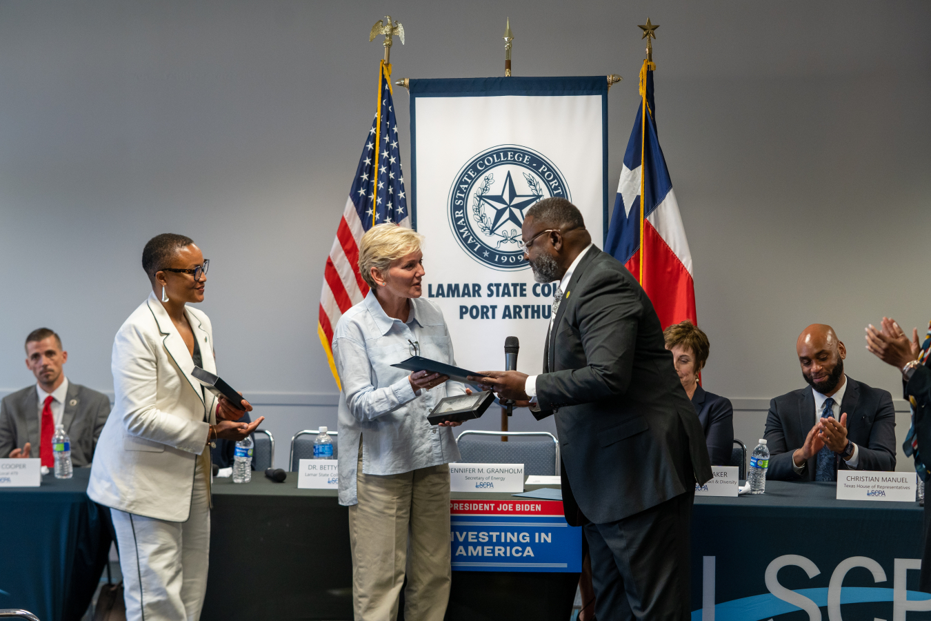 Councilman Donald Frank, Sr. declares June 13th as "Energy Justice Day" and presents the keys to the City of Port Arthur, TX to Secretary Jennifer Granholm and Director Shalanda Baker.