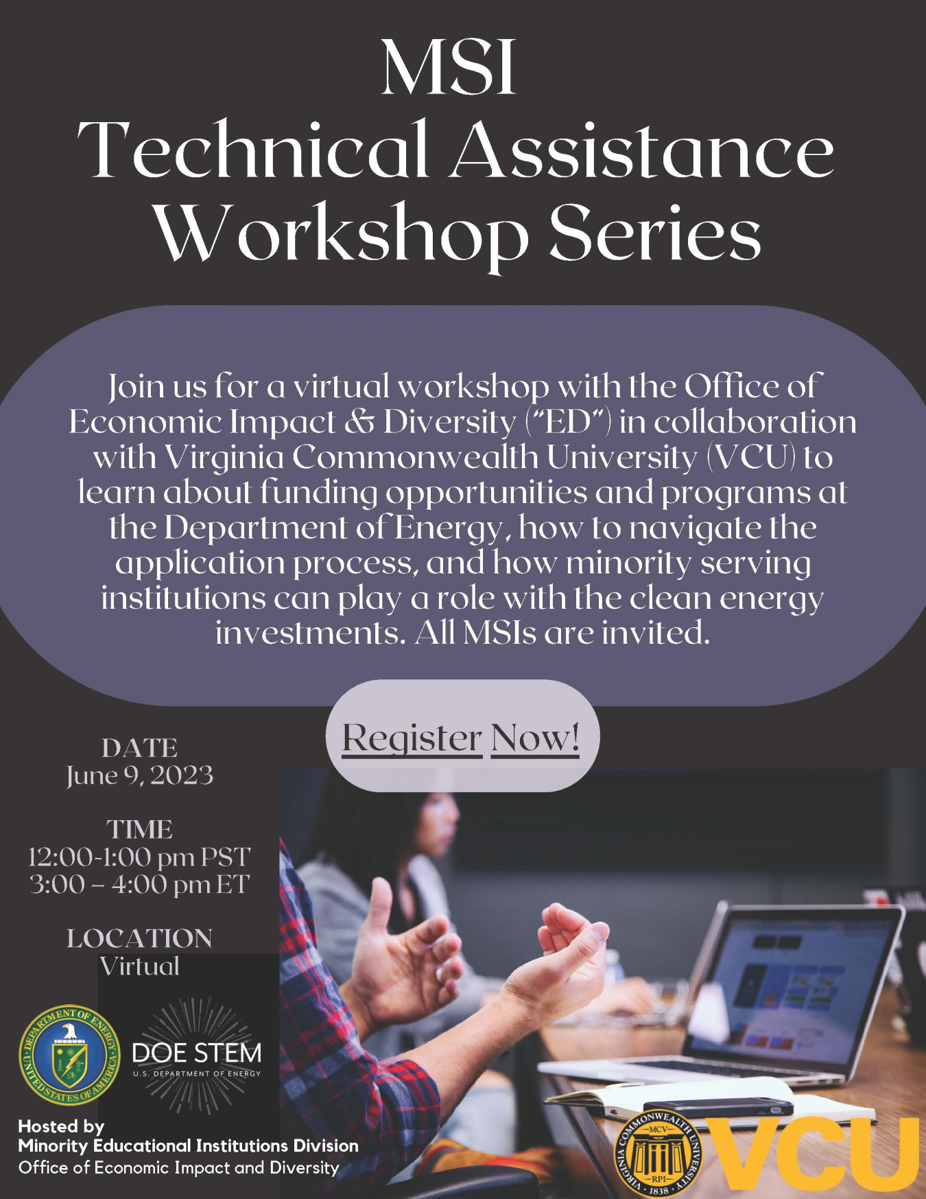 Flyer for the MSI Technical Assistance Workshop with the same text as the event description