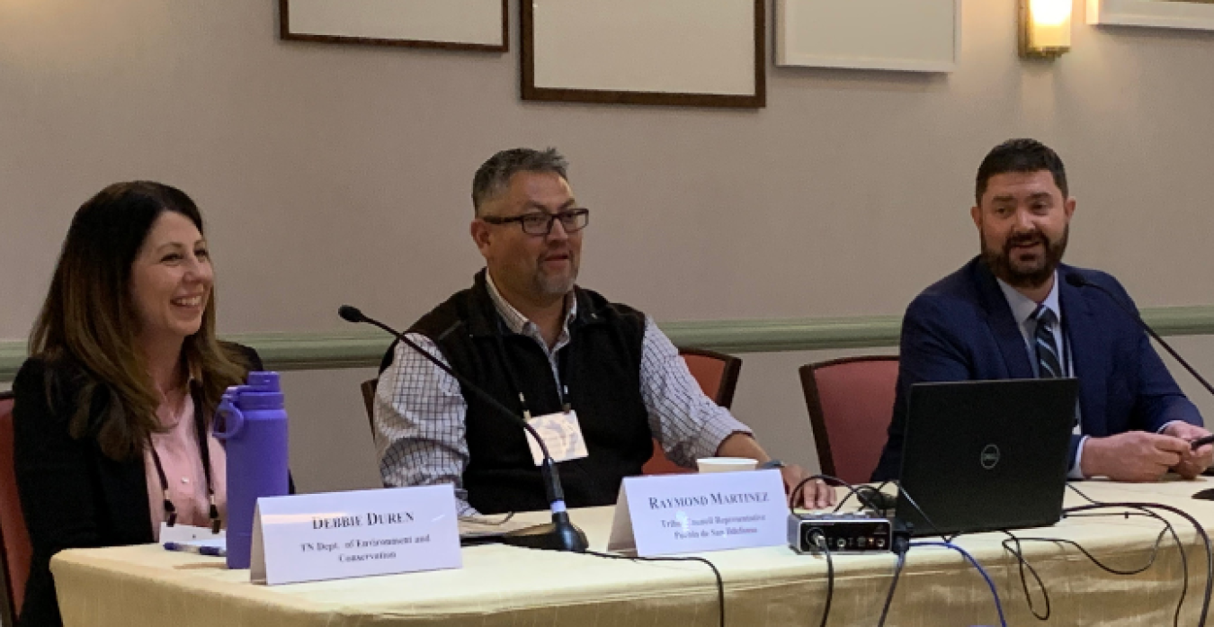 Jeffrey Avery, EM Principal Deputy Assistant Secretary, shares a laugh with STGWG Co-conveners Debbie Duren, Tennessee Department of Environment and Conservation, and Raymond Martinez, Pueblo de San Ildefonso Tribal Council and Environmental Director, at the Spring STGWG meeting 2023.