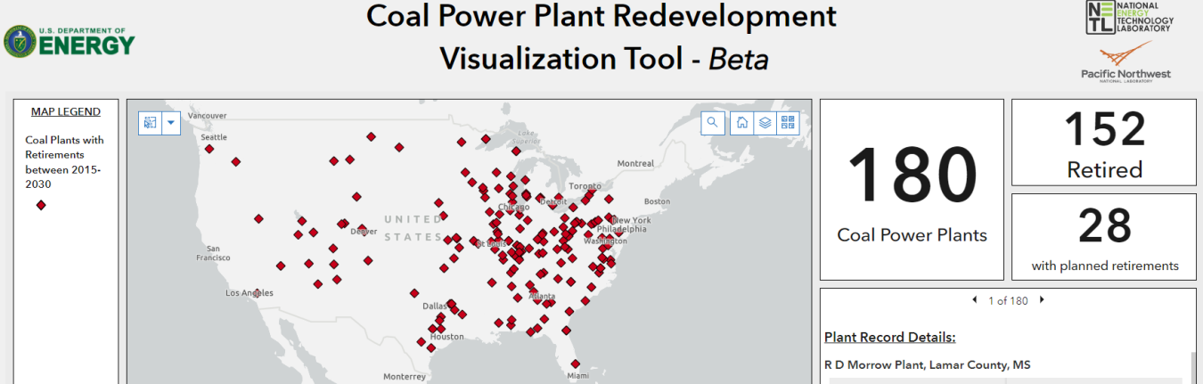Still image of an interactive visualization map displaying coal power plant redevelopment details in the United States