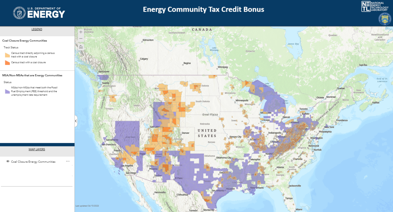 Still image of interactive visualization map displaying energy community tax credit bonus data in the United States
