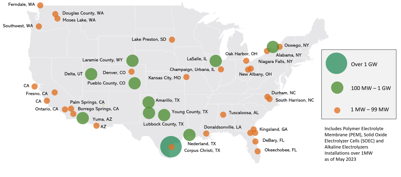 A map of the United States with electrolyzer capacity shown as green and orange dots.
