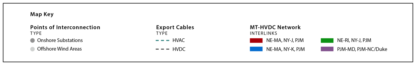 A key for the map above, highlighting points of interconnection, export cables, and network interlinks