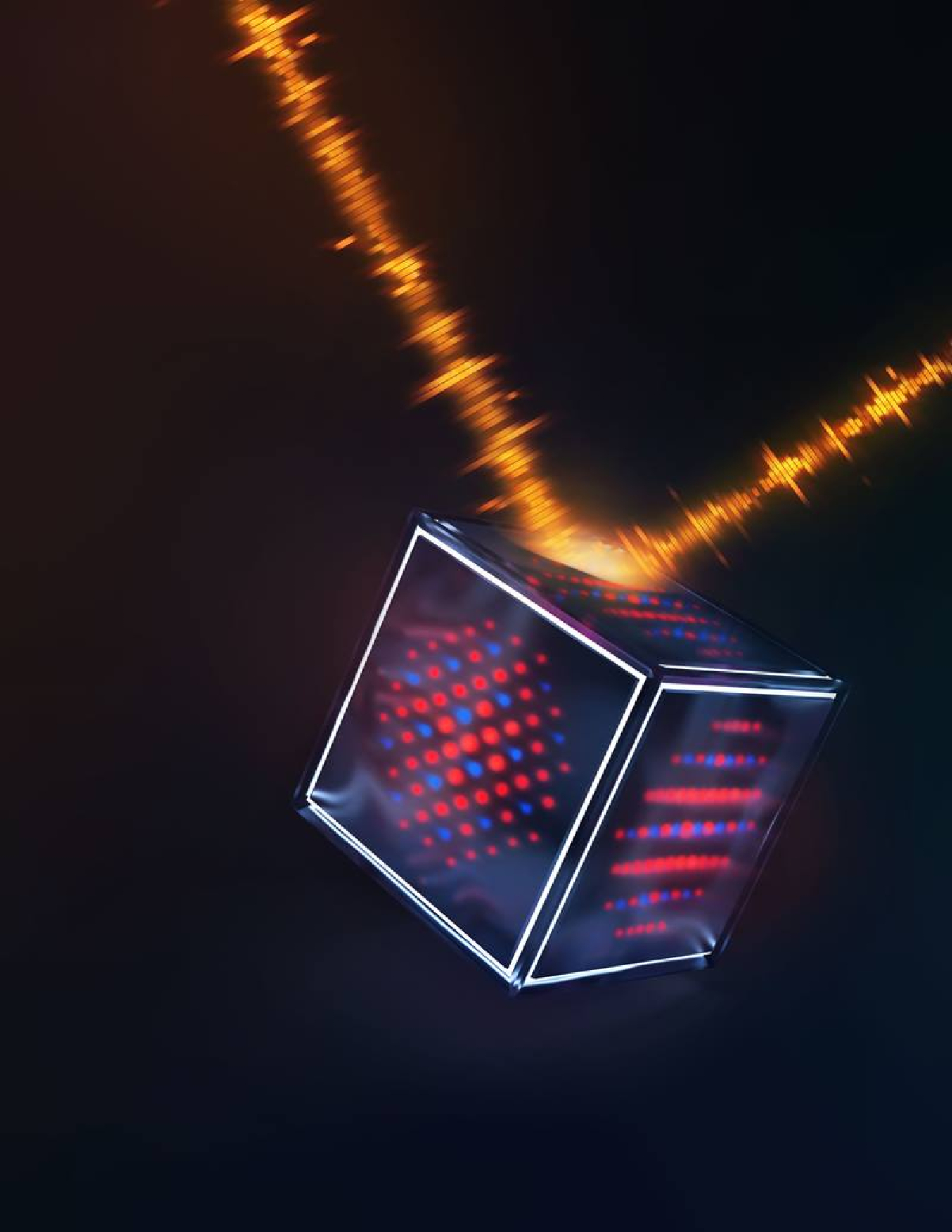 A logical qubit is embedded into the state space of a harmonic oscillator using the grid code, represented here by faces of the cube. Quantum error correction protects these grid states from corruption by a noisy environment, symbolized by the ray.