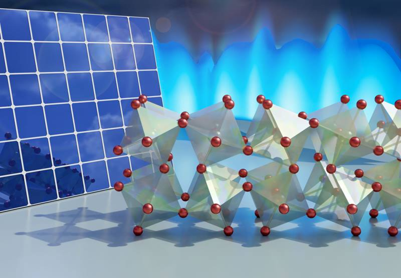 The atomic structure in an inorganic perovskite. Bromine atoms (red) at the corners act as “hinges” that allow the structure to flex. This inhibits the electrons from recombining and may enhance the efficiency of these materials for solar applications.