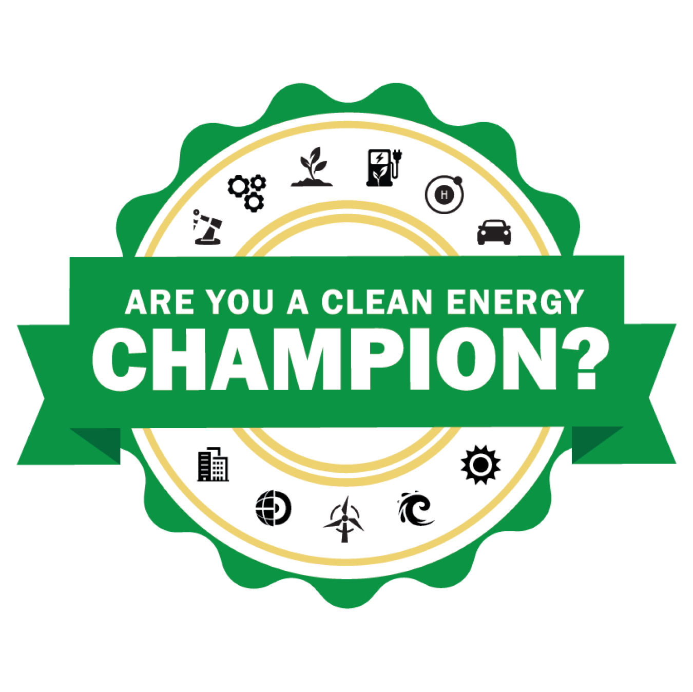 A large seal showing the logos of the various EERE offices, with "Are You A Clean Energy Champion?" written across the middle of it on a ribbon