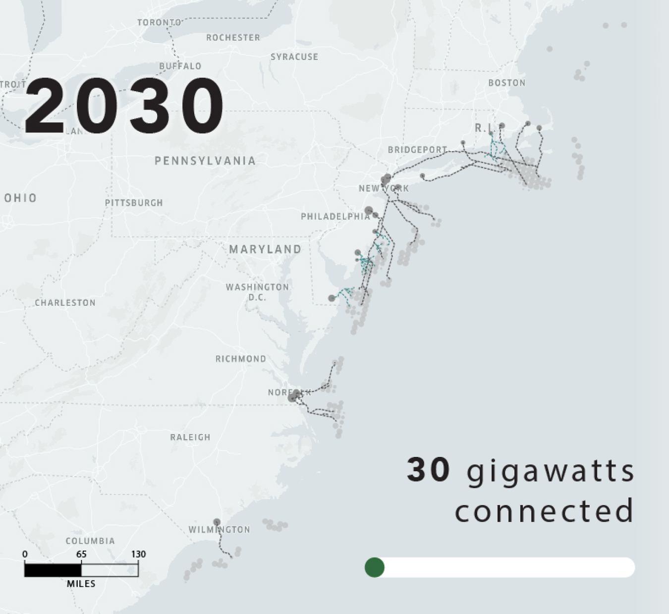 Map of the Atlantic Coast of the United States, with recommended Offshore Wind Transmission sites by the year 2030