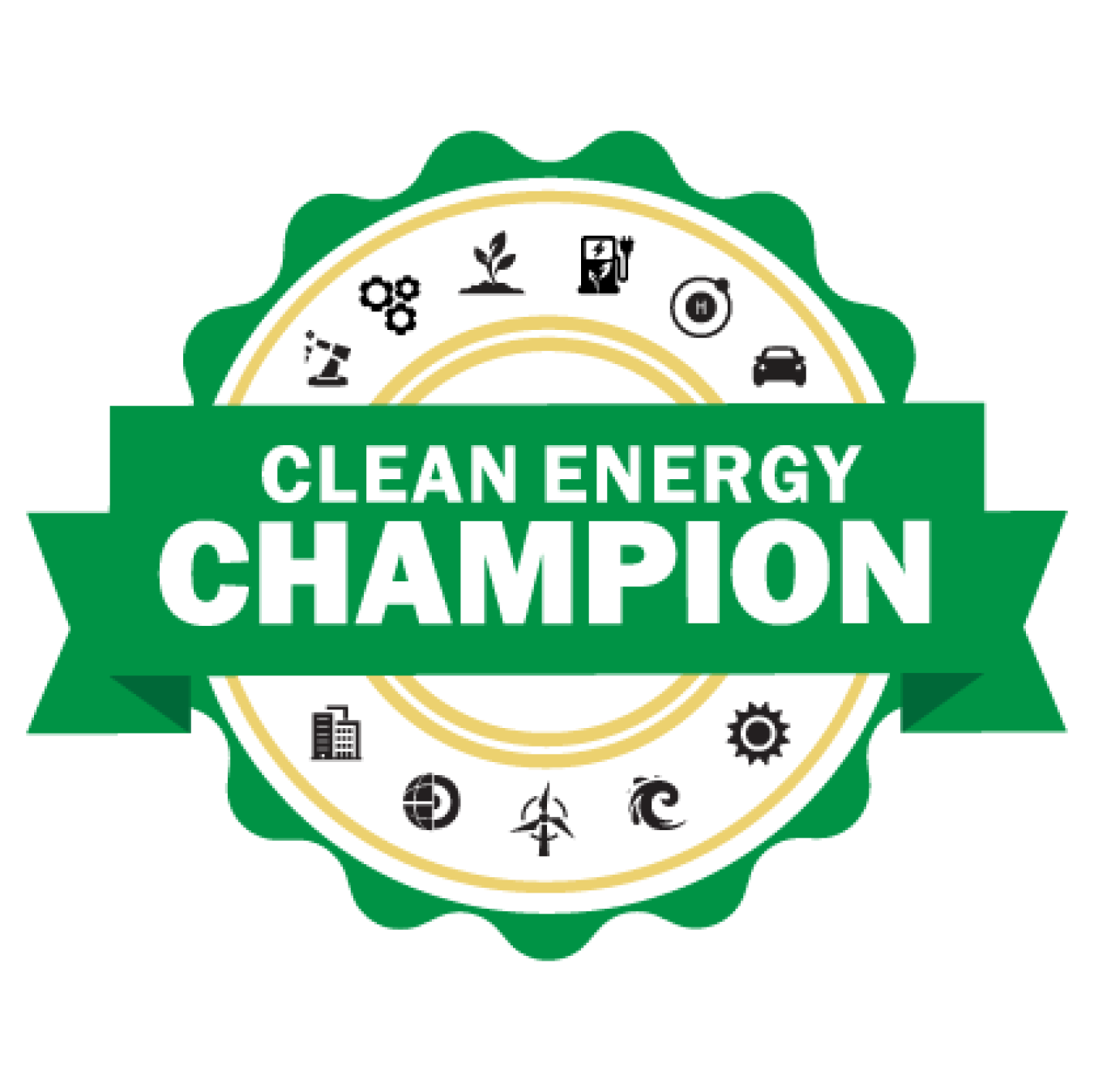 A green seal with logos, with a ribbon including the text "Clean Energy Champion" overlaid on it