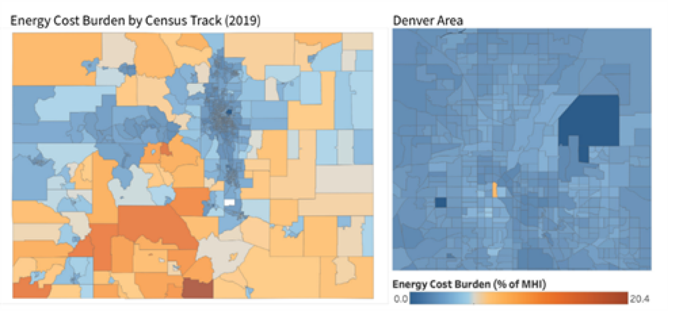 Colorado and Denver map of energy cost burden by census track (2019). Information below.