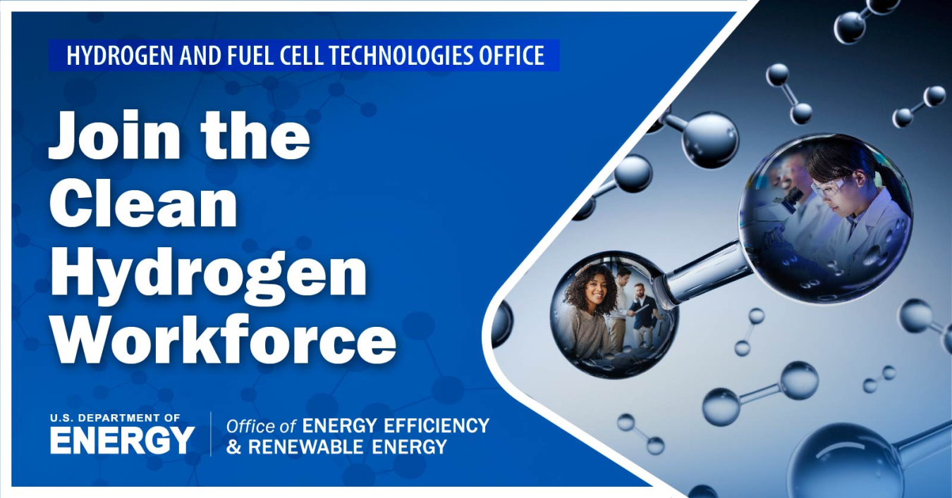 Illustrative hydrogen molecule with photos of office professionals and lab scientists inside the hydrogen atoms. Text says Join the Clean Hydrogen Workforce