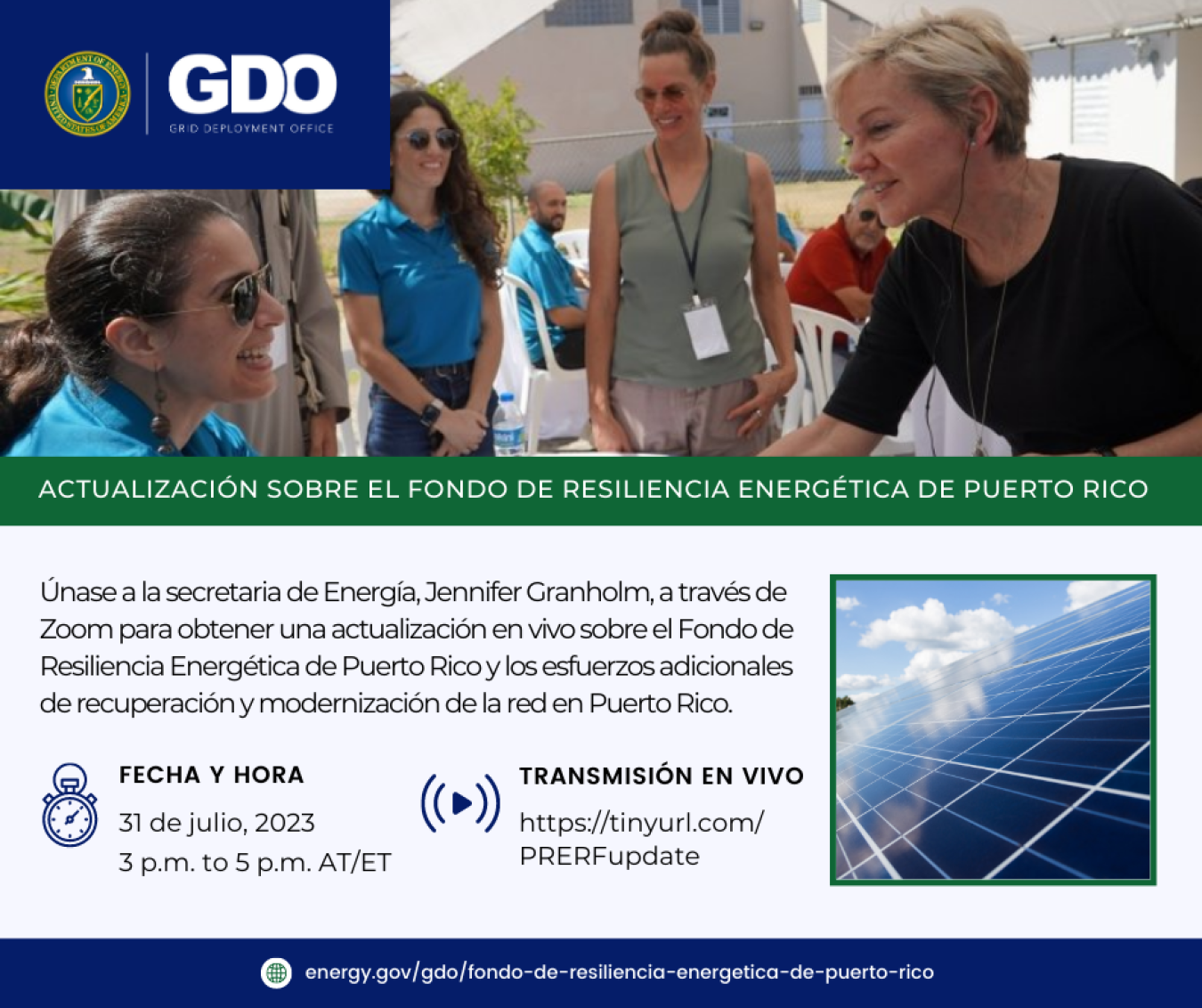 Actualización Sobre El Fondo De Resiliencia Energética De Puerto Rico | Únase a la secretaria de Energía, Jennifer Granholm, a través de Zoom para obtener una actualización en vivo sobre el Fondo de Resiliencia Energética de Puerto Rico y los esfuerzos adicionales de recuperación y modernización de la red en Puerto Rico.