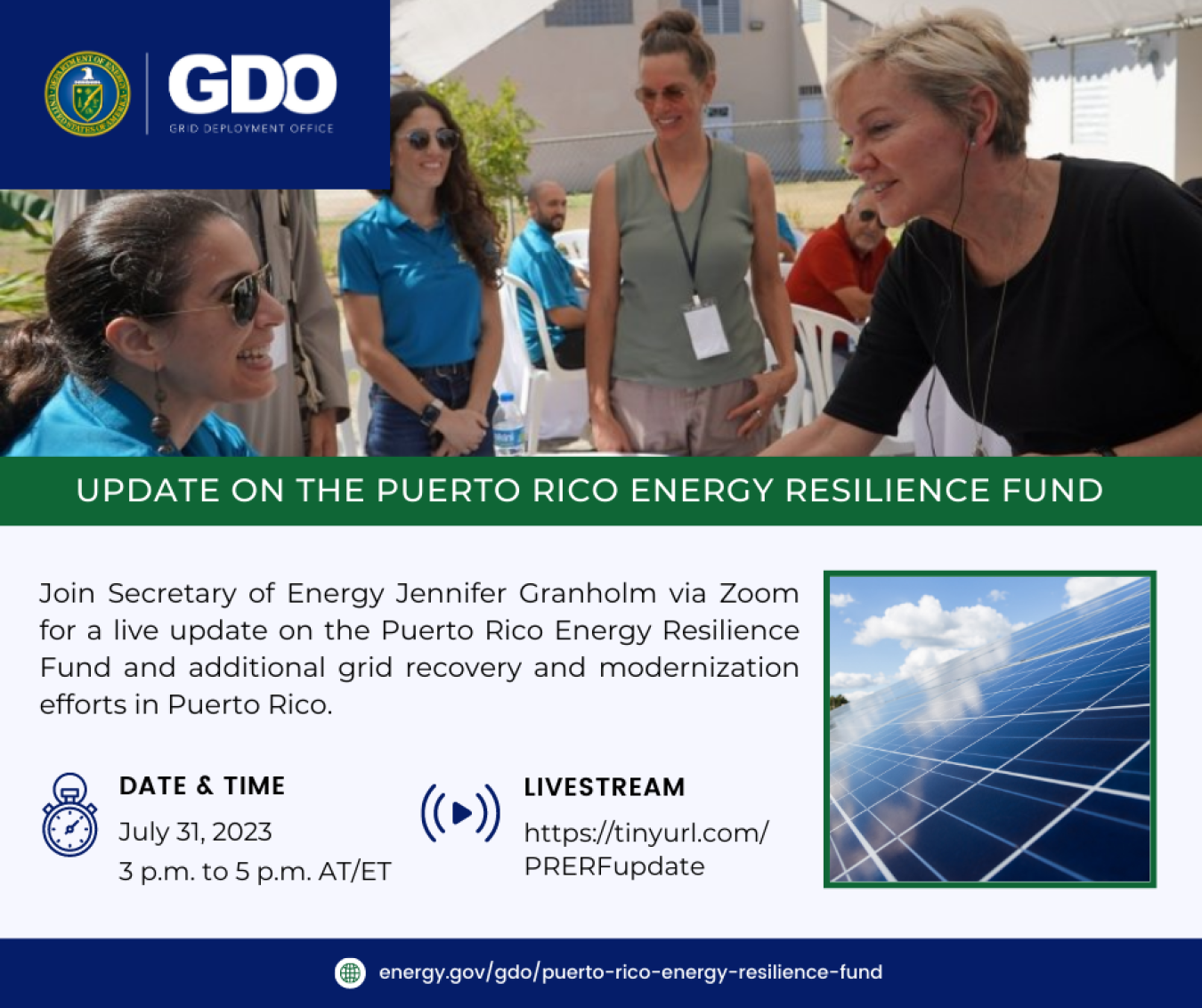 Update on the Puerto Rico Energy Resilience Fund | Join Secretary of Energy Jennifer Granholm via Zoom for a live update on the Puerto Rico Energy Resilience Fund and additional grid recovery and modernization efforts in Puerto Rico.