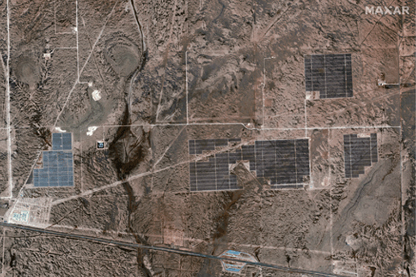 The Roserock Solar Facility in Pecos County, Texas, as seen in a Maxar GeoEye-1 satellite image on March 27, 2022