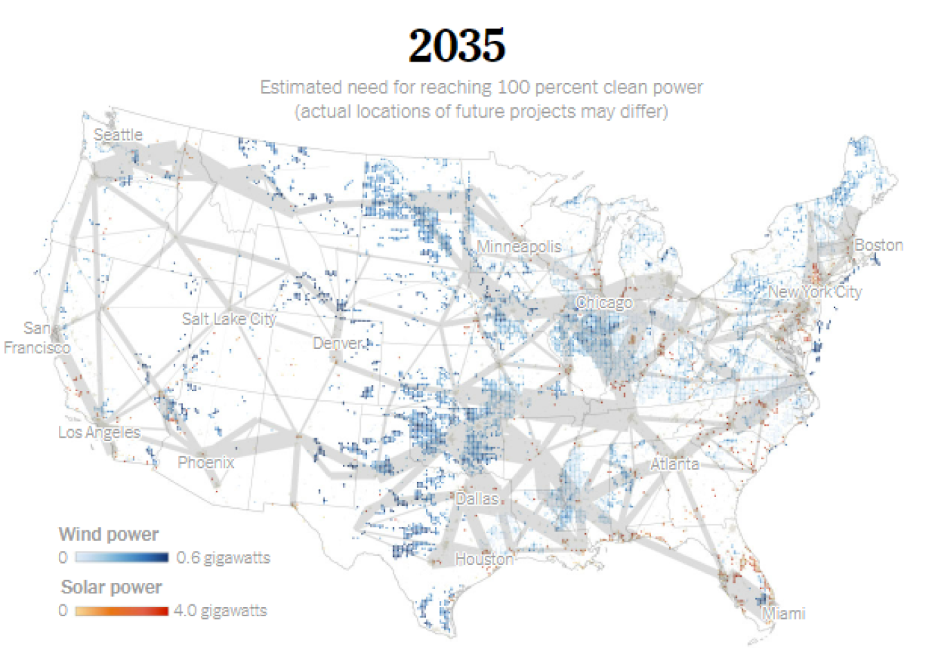 New York Times map showing the estimated need for reaching 100 percent clean power in the year 2035. Actual locations of future projects may differ.