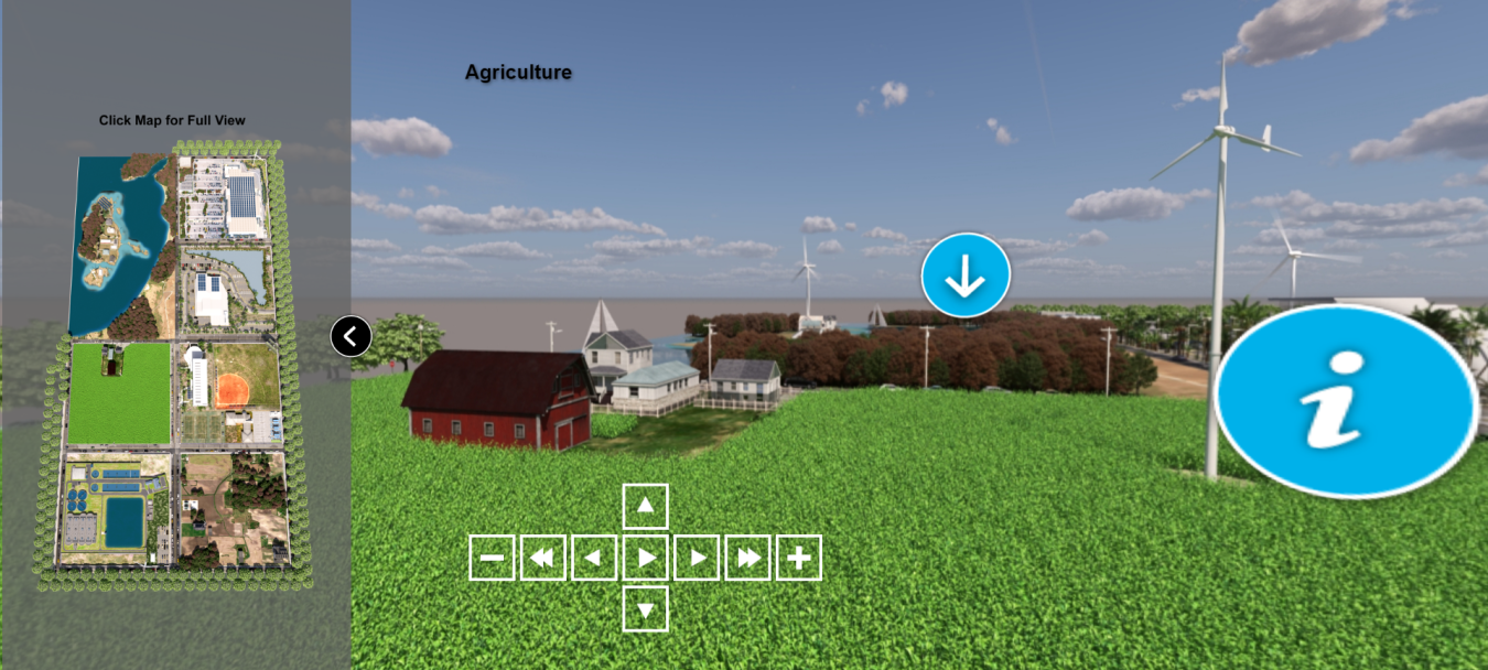 On the left, a birds-eye view of a three-dimensional area of sectioned land and water and, on the right, a three-dimensional graphic of a farm and wind turbine in a crop field.