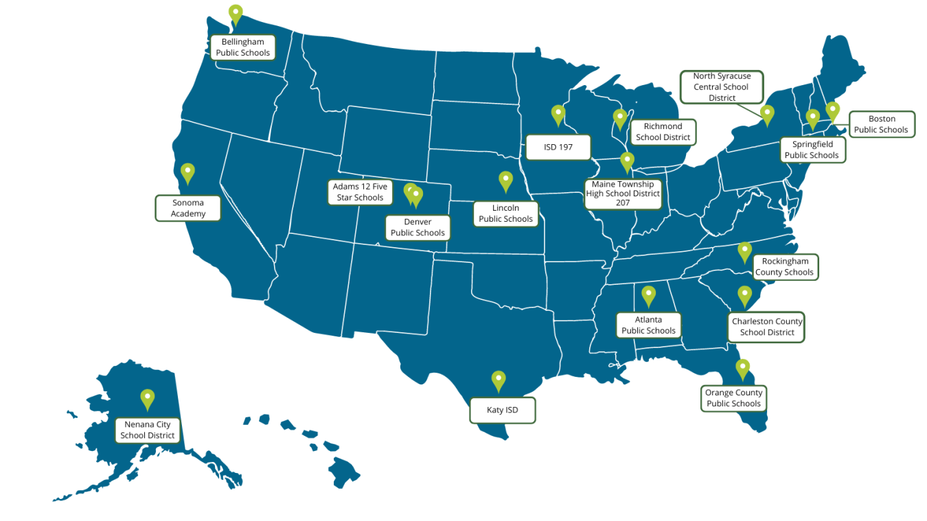 Map of the U.S. with the 17 school districts labeled.