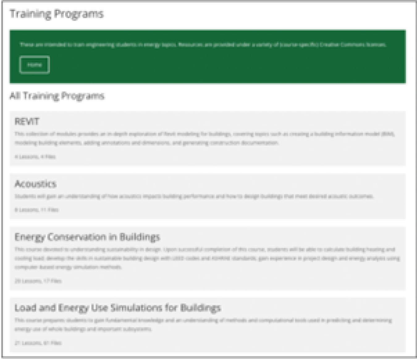 Screenshot of the building education training programs.