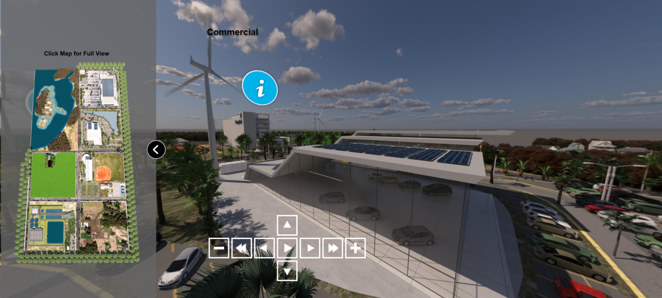 On the left, a birds-eye view of a three-dimensional area of sectioned land and water and, on the right, a three-dimensional graphic of a covered parking lot next to a wind turbine and supporting an array of solar panels.