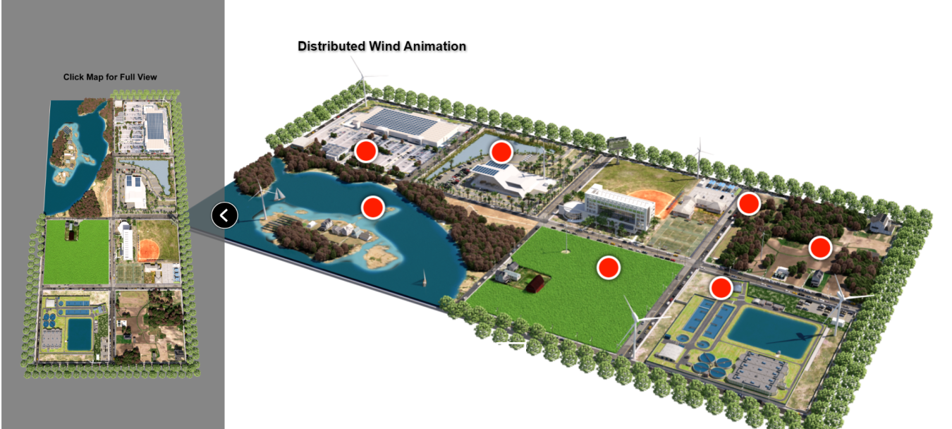 Three-dimensional graphic titled "Distributed Wind Animation" showing sectioned land wand water with buildings, crops, and wind turbines and overlain by sporadically placed red dots.