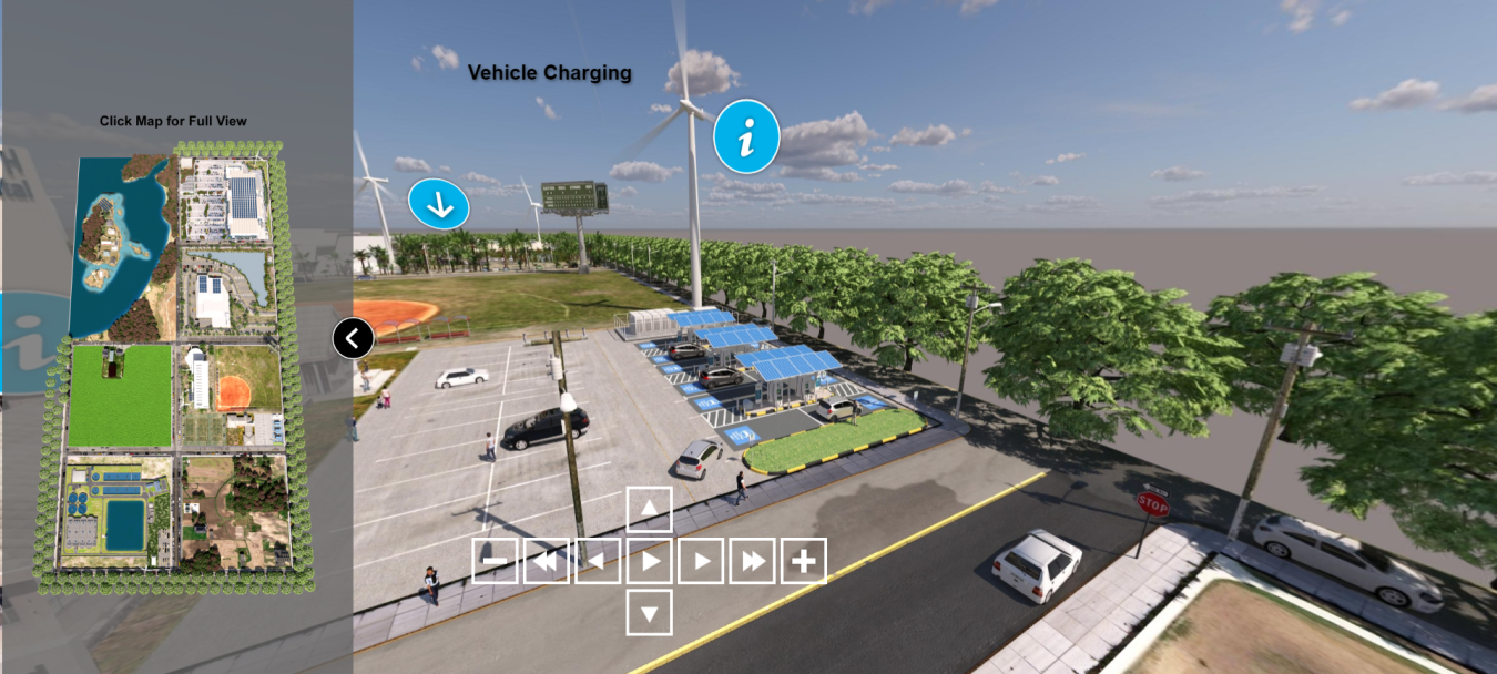 On the left, a birds-eye view of a three-dimensional area of sectioned land and water and, on the right, a three-dimensional graphic of a vehicle charging station under solar panels and next to a wind turbine.