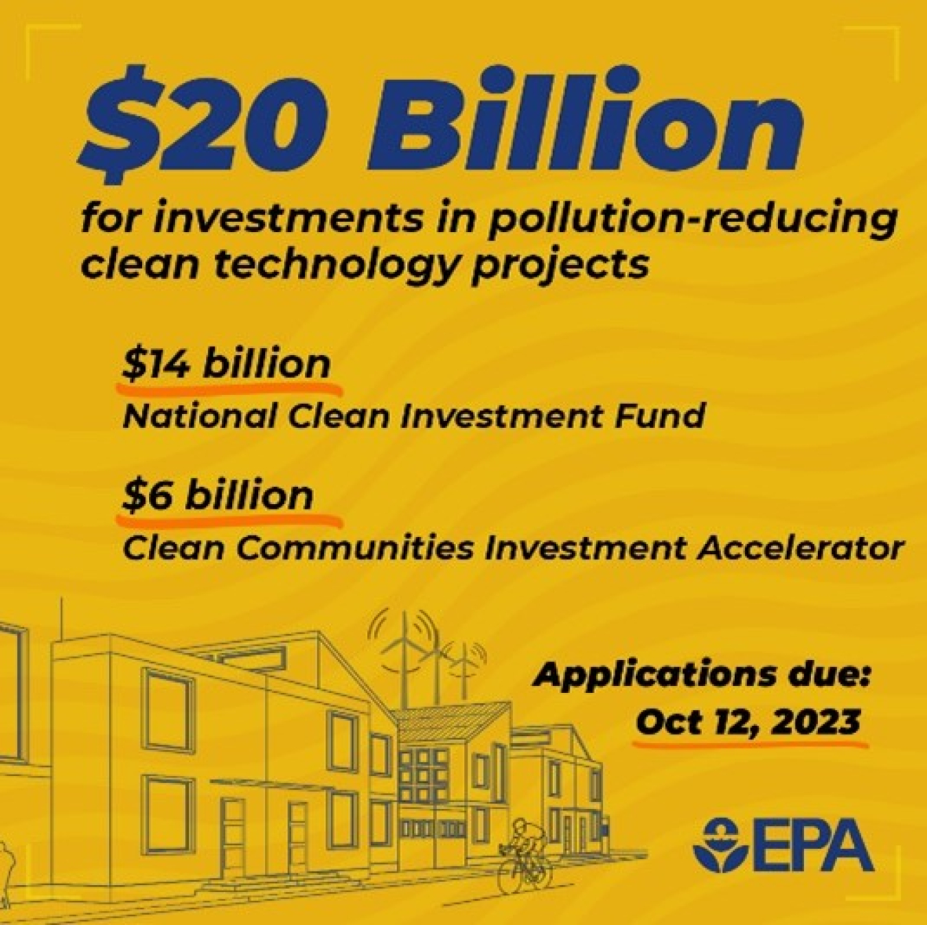 $20 Billion for investments in pollution-reducing clean technology projects. $14 billion - National Clean Investment Fund. $6 billion - Clean Communities Investment Accelerator. Applications due: Oct 12, 2023. EPA