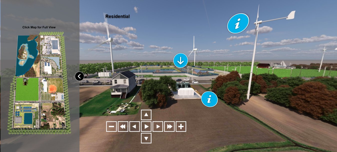 On the left, a birds-eye view of a three-dimensional area of sectioned land and water and, on the right, a three-dimensional graphic of a house and power bank next to a wind turbine.