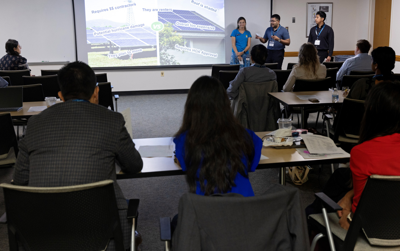 Internship team delivering their final presentation to a panel of 3 expert judges.