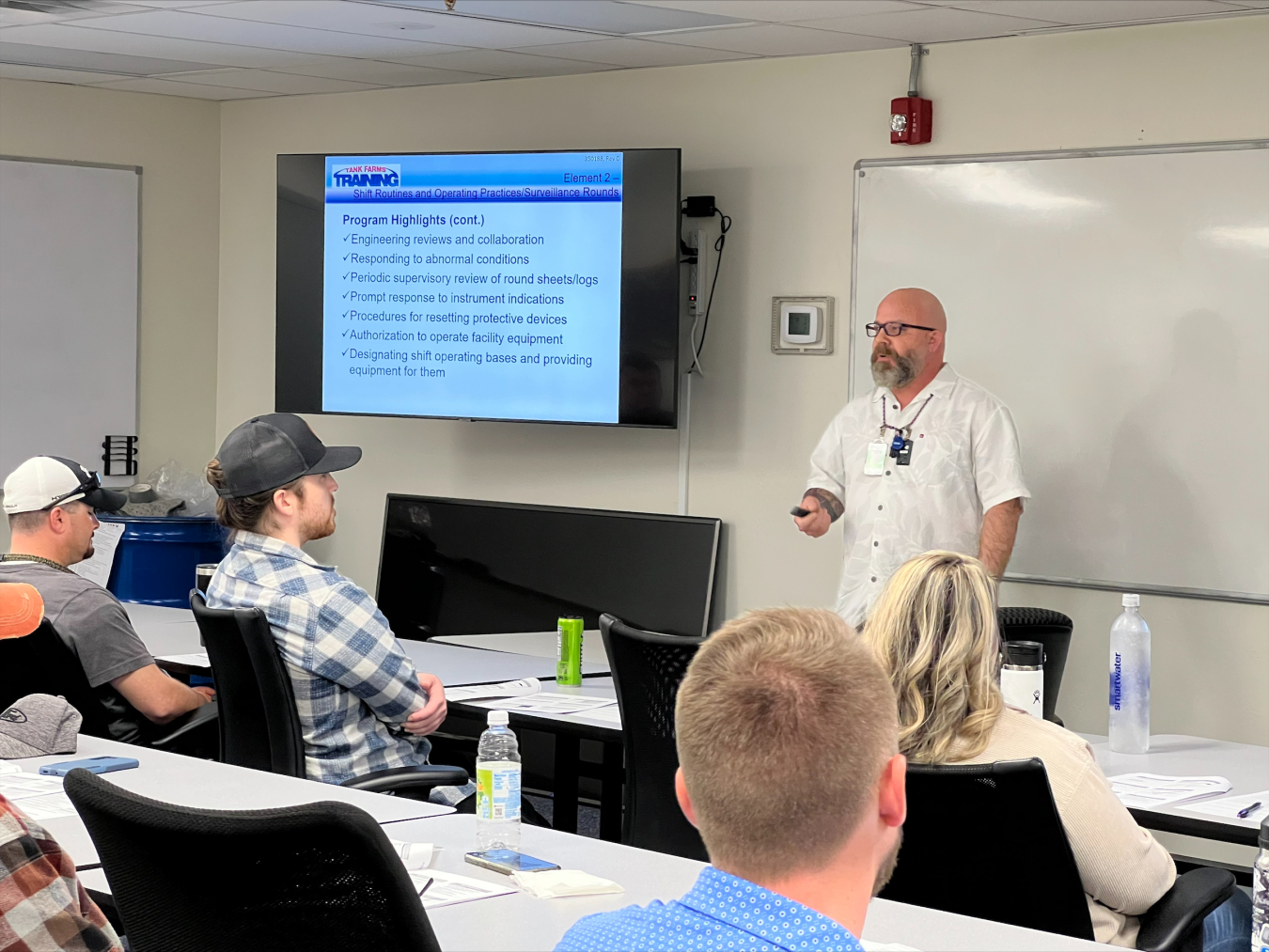 Jared Dobson with the Hanford Site’s tank operations contractor leads a classroom discussion during one of 23 workforce training sessions on sustaining a nuclear safety culture as the pace of operations picks up to support treating tank waste.