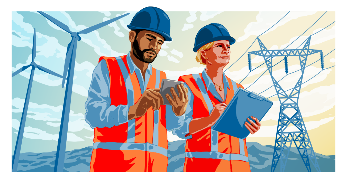 Male and female workers onsite representing the energy industry