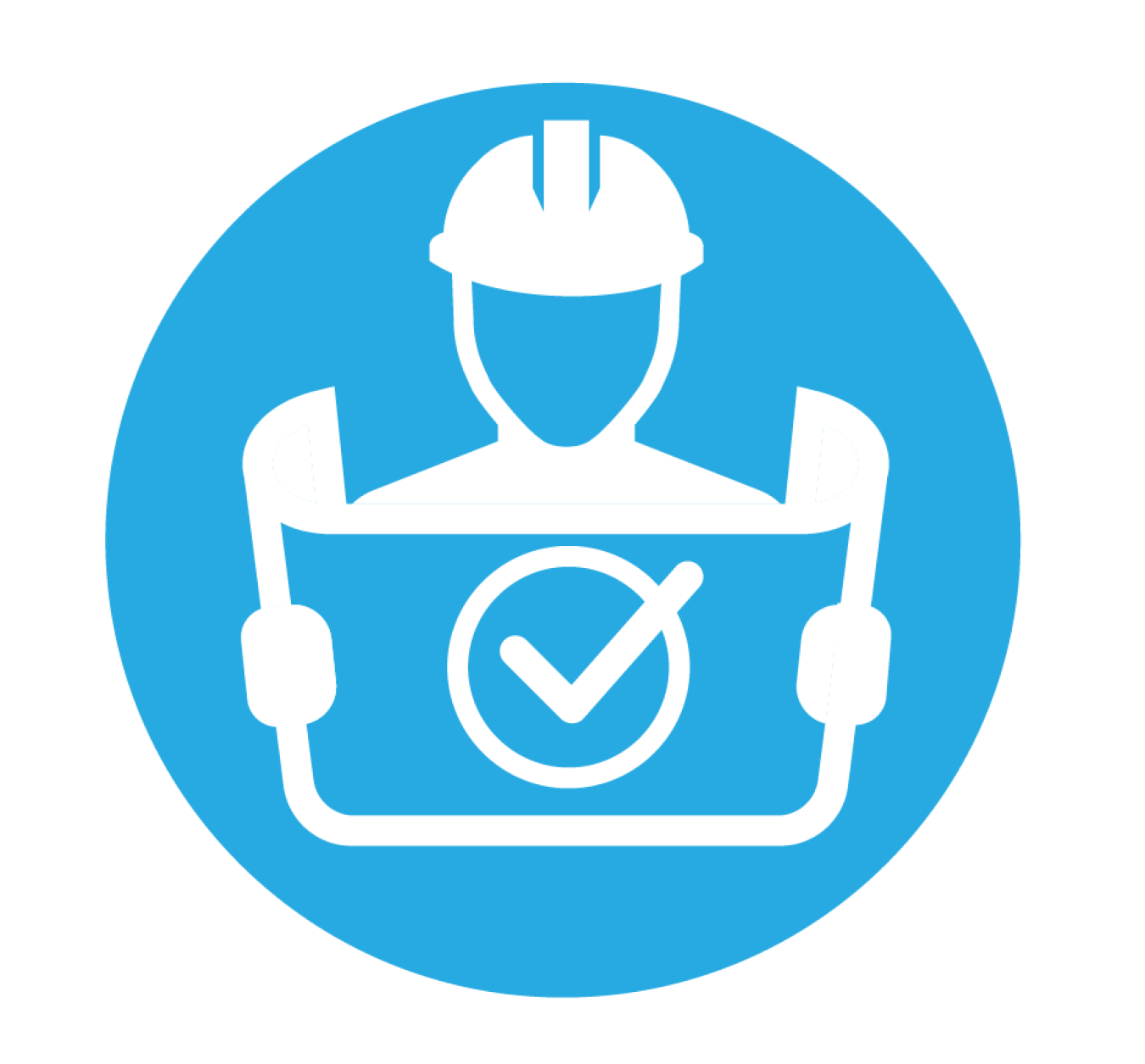 White line drawing of a worker in a hard hat consulting safety plan against a blue background.