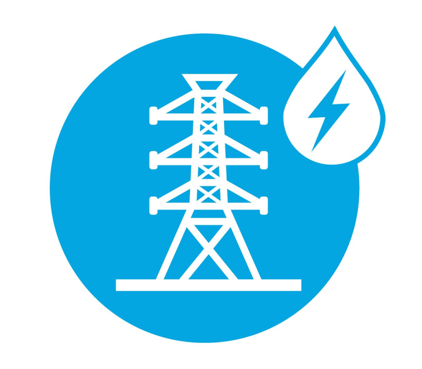 White line drawing of an electrical transmission tower against a blue background.