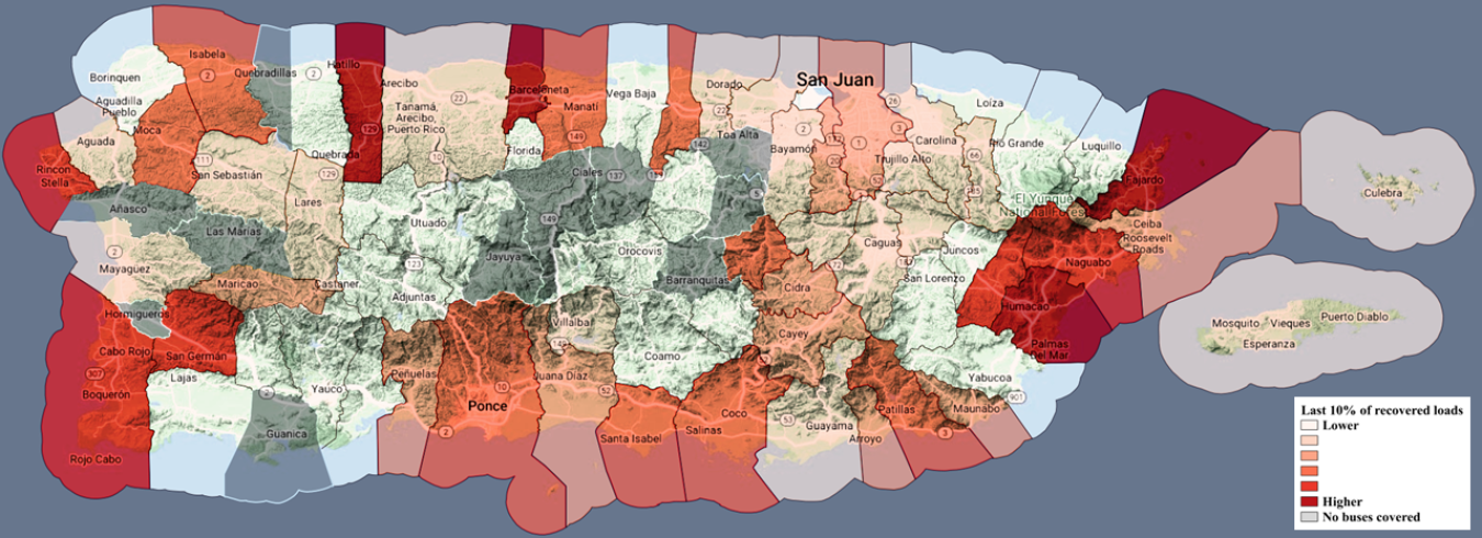 Mapa de Puerto Rico que indica la cantidad de carga en cada municipio que se recuperó en el último 10 por ciento de recuperación de carga en todo el sistema eléctrico en 100 escenarios de huracanes. Los tonos más oscuros de rojo indican una recuperación de carga más lenta, mientras que los colores más claros indican una recuperación de carga más rápida.