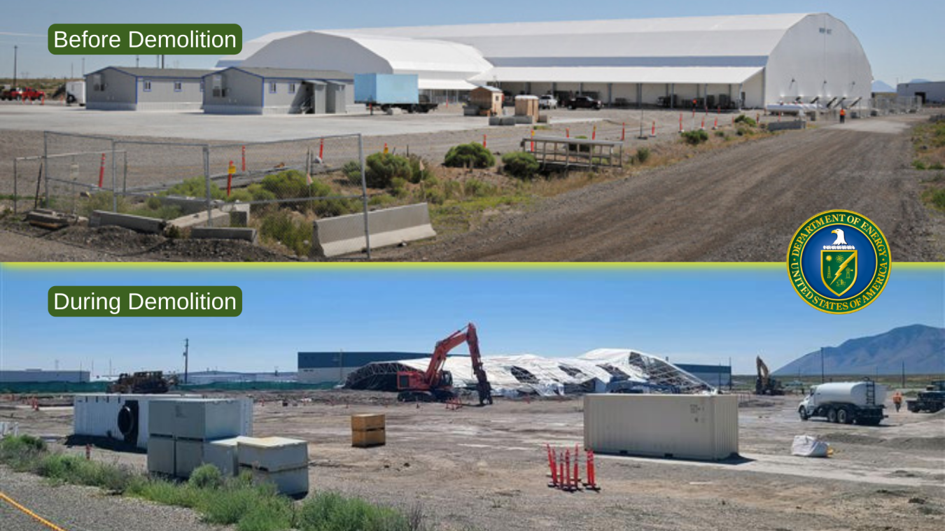 At top is a waste exhumation facility that had been built overlaying Pit 9, part of the Subsurface Disposal Area (SDA) at DOE’s Idaho National Laboratory. Immediately above is a view of the demolition of that facility. EM crews separated the waste exhumation facility into two portions that were pulled over individually. Debris from the facility was reduced in size and covered with fill material. Once the remaining structures at SDA are demolished, an engineered cover will be constructed over the entire 97-a