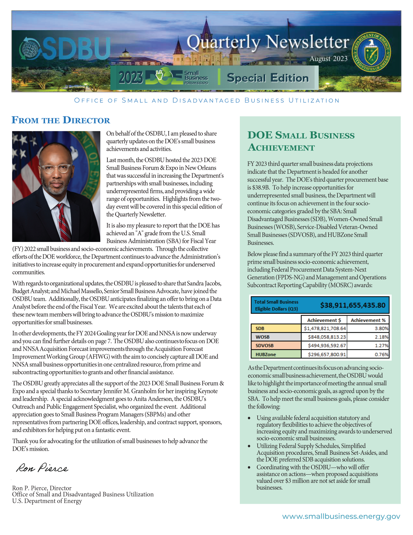 Cover page of OSDBU Quarterly Newsletter - Q3 FY 2023