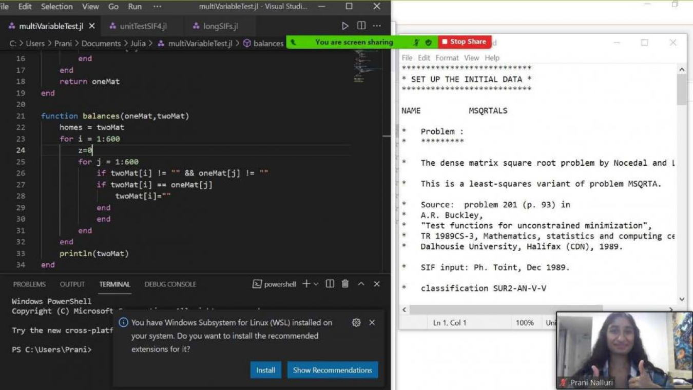 A screenshot of Prani Nalluri screensharing a window of code on her computer. Prani's webcam feed is in the bottom right corner, where she is giving two thumbs up.