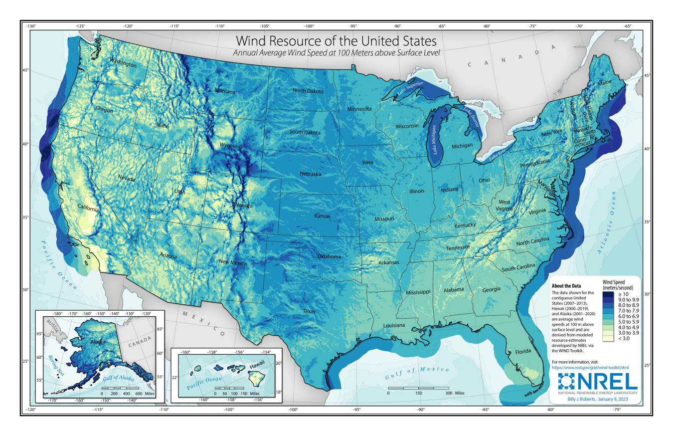 A map of the united states colored by wind speed at 100 meters above sea level on land off the coastlines.