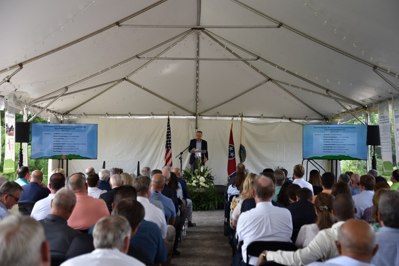 EM Senior Advisor William “Ike” White addresses the crowd gathered to celebrate the partnerships that made it possible to begin field work on the Environmental Management Disposal Facility project.